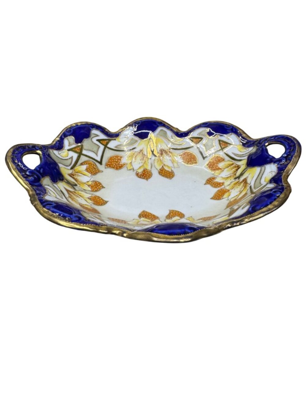 Vintage Imperial Nippon Porcelain Bowl Handles Cobalt Blue Gold Floral Gilt 10.5 - Picture 9 of 10